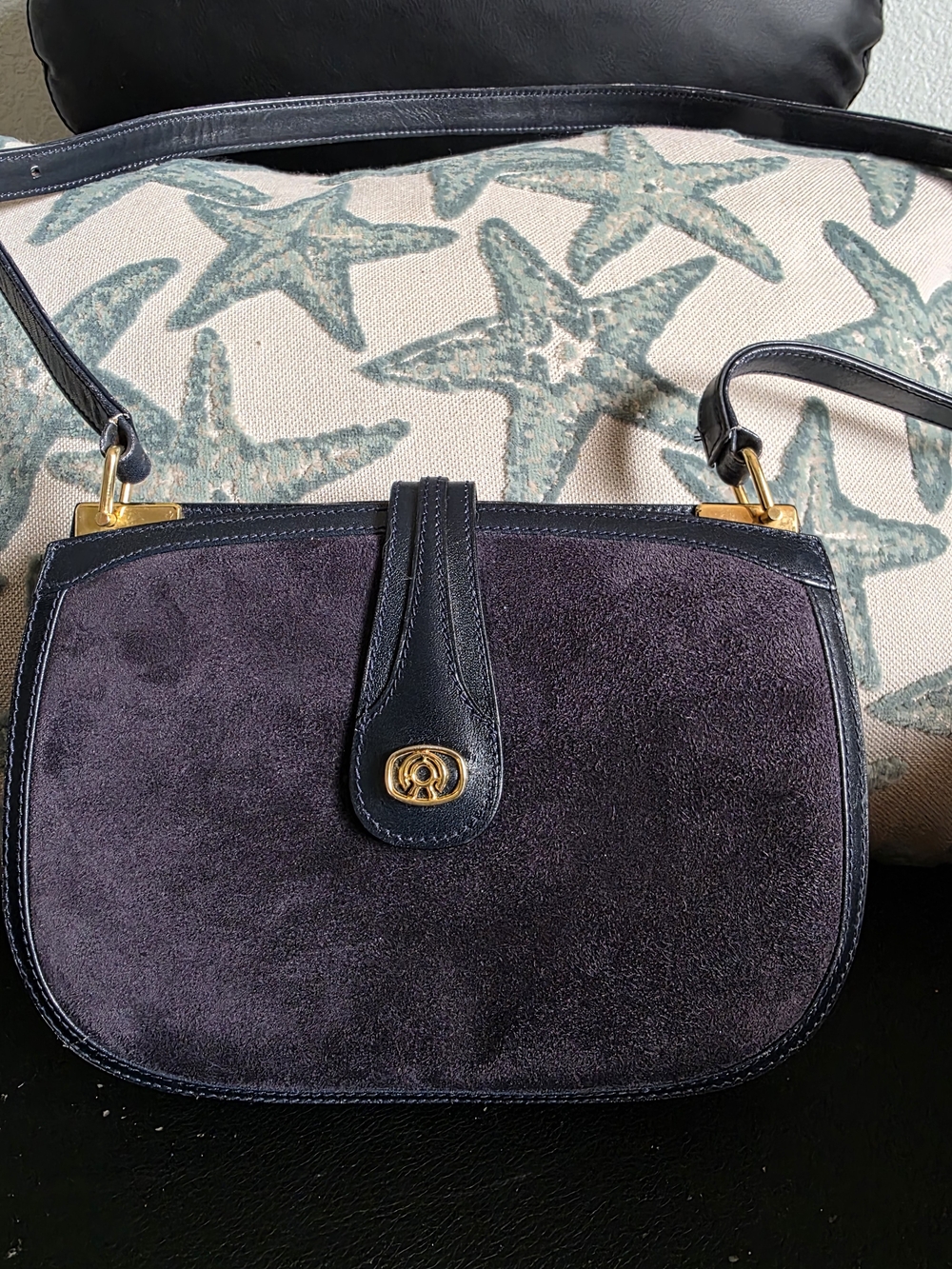 Vintage Made In Italy Navy Suede Shoulder Bag with Gold Hardware